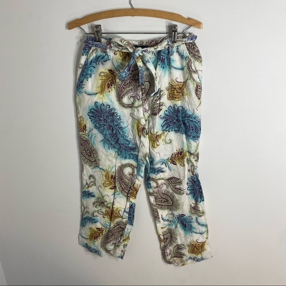 Alexandra Bartlett 100% Linen Pants Paisley Blue Yellow White Drawstring Sz 2 - Picture 2 of 7